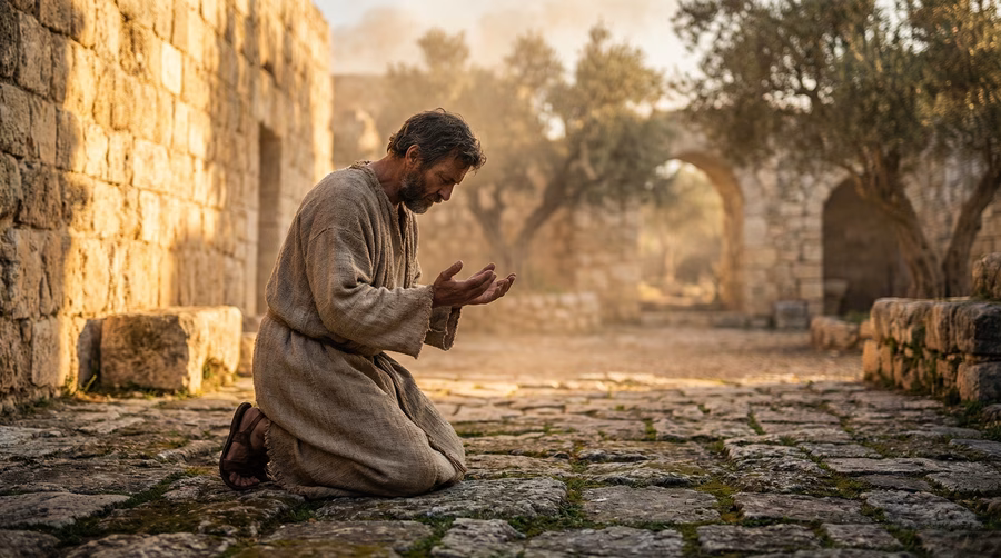A believer kneeling in prayer at sunrise in an ancient stone courtyard, representing faithful stewardship and seeking God