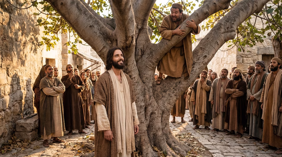 Jesus looking up at Zacchaeus in the sycamore tree and calling him by name while the crowd watches in shock