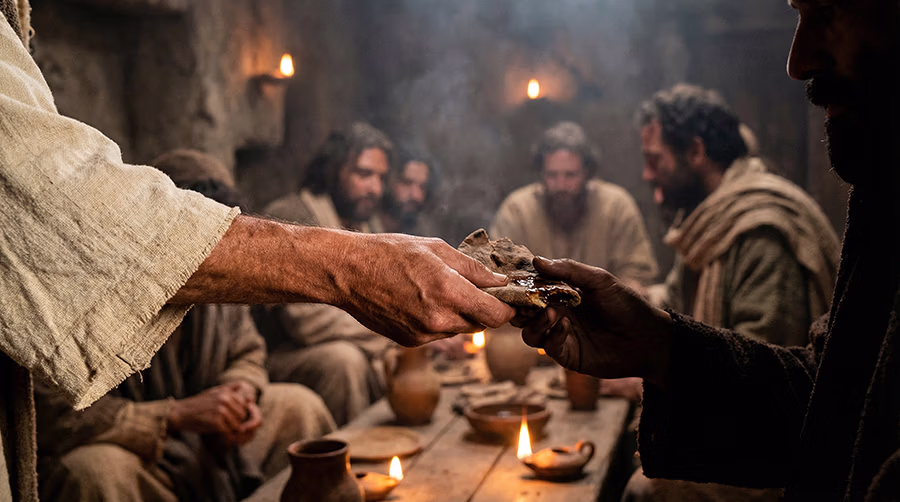 Jesus handing the dipped bread to Judas Iscariot at the Last Supper in John 13, the moment of final choice