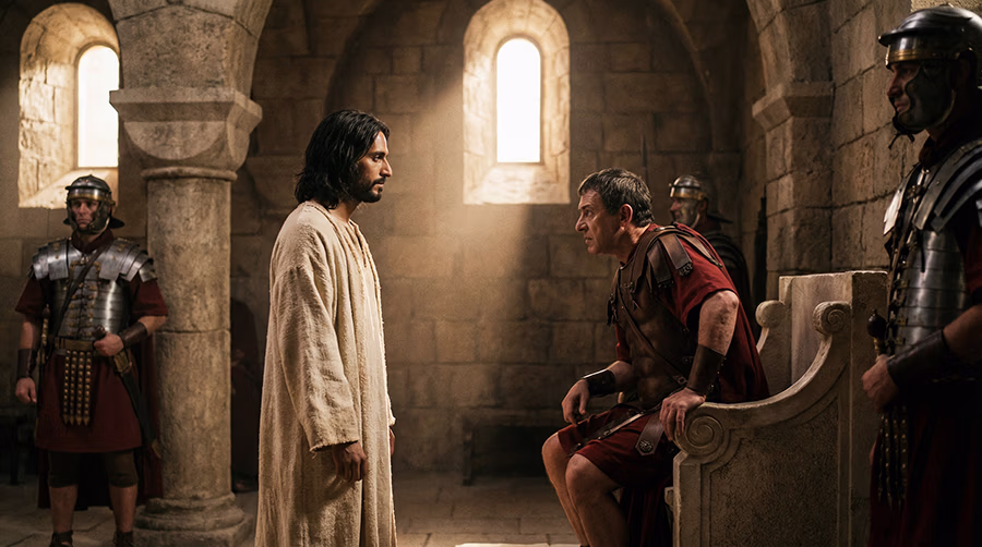 Jesus standing calm and composed before Pontius Pilate in the Praetorium during the trial, John 18
