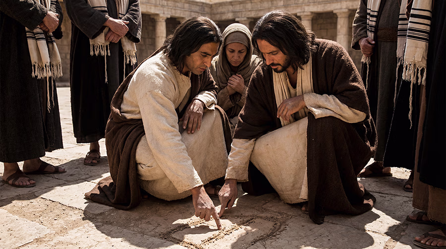 Jesus stooping to write in the ground while the woman caught in adultery stands before her accusers, John 8