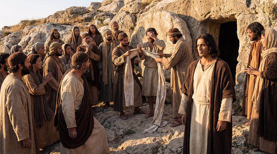 Witnesses unwinding the burial cloths of Lazarus after he emerges from the tomb at Jesus' command, John 11