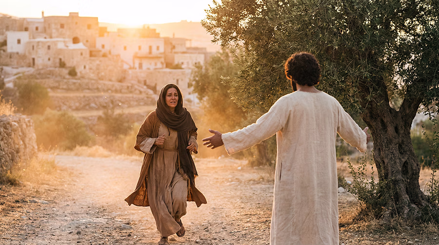 Martha running to meet Jesus on the road outside Bethany in John 11, before her confession of faith