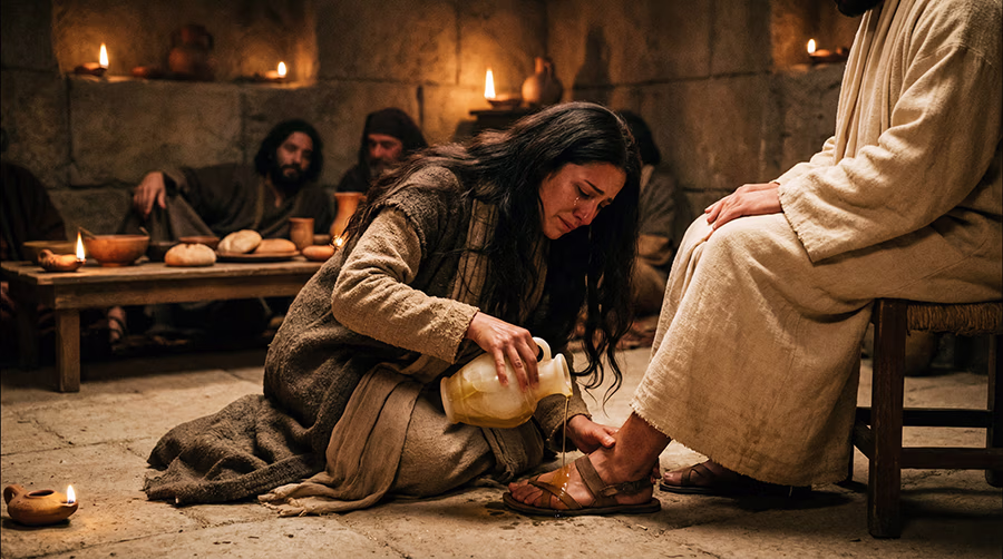 Mary of Bethany anointing the feet of Jesus with pure spikenard oil and wiping them with her hair, John 12