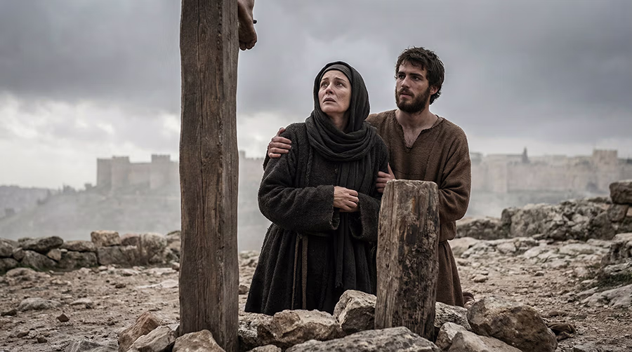 Mary the mother of Jesus and the disciple John standing at the foot of the cross at Golgotha, John 19