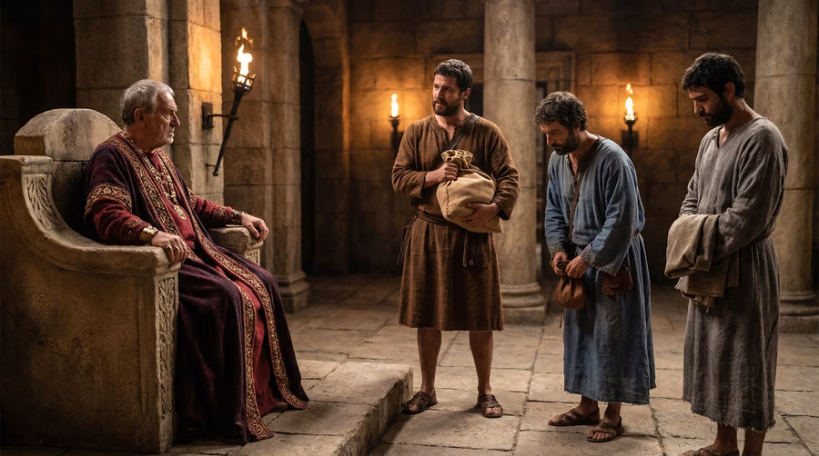 Three servants in ancient robes presenting their minas to a king seated on a throne after his return from a distant land