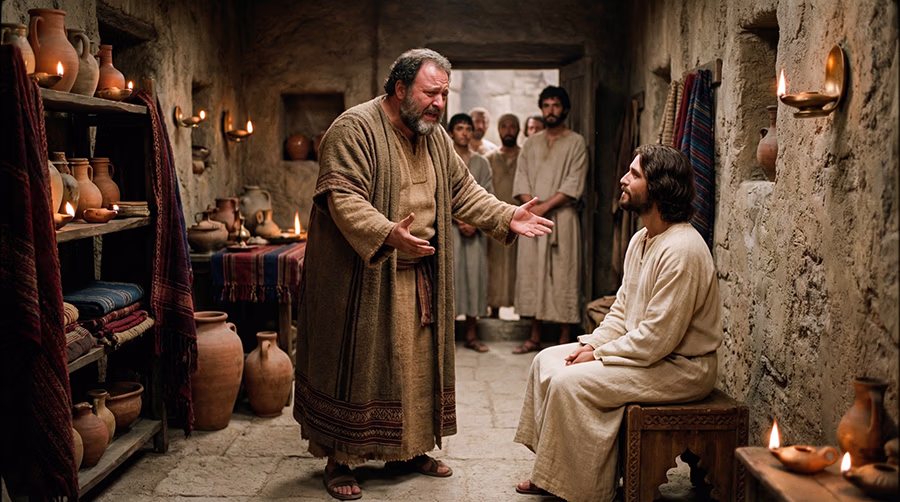 Zacchaeus standing before Jesus in his home declaring he will give half his wealth to the poor