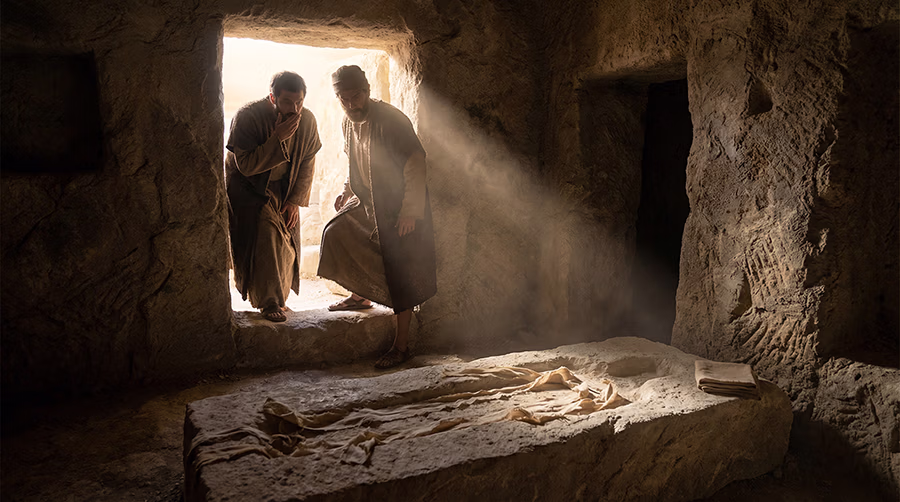 Peter and John at the entrance of the empty tomb, the linen grave clothes lying undisturbed in the shape of a body, John 20
