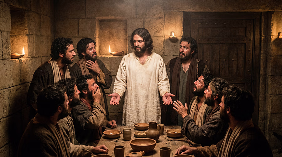 The risen Jesus appearing to the disciples in the locked upper room in Jerusalem, showing his hands and side, John 20