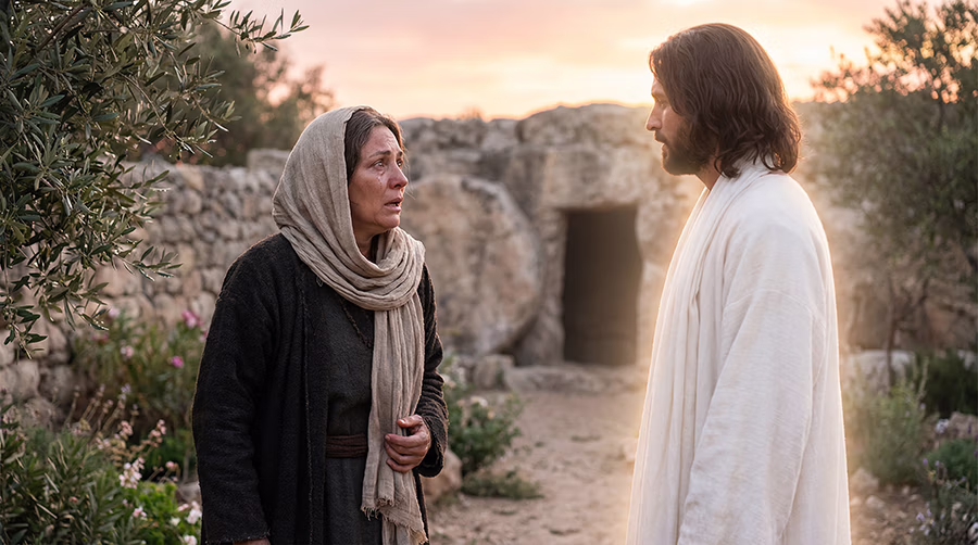 Mary Magdalene turning toward the risen Jesus as he speaks her name in the garden, the Raboni moment in John 20
